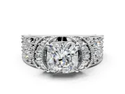 Pave Engagement Ring Setting for Cushion Cut Center with Curved Accent Rows, Openwork and Prong Head in White Gold