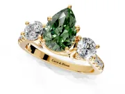 3 Stone Engagement Ring Setting for Fancy Green Pear-Shaped Center with Crossover Basket, Pave Band and Prong Head in Yellow Gold