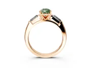 3 Stone Engagement Ring Setting for Fancy Green Pear-Shaped Center with Tapered Baguettes, Plain Band and Prong Head in Rose Gold