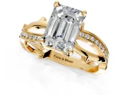 Solitaire Engagement Ring Setting for Emerald Cut Center with Pave and Plain Crossover Band and Prong Head in Yellow Gold