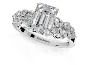 Cluster Engagement Ring Setting for Emerald Cut Center with 2-Row Shoulder Clusters and Prong Head in White Gold