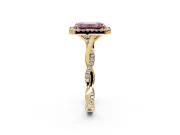 Halo Engagement Ring Setting for Fancy Pink Emerald Cut Center with Twist Band and Prong Head in Yellow Gold