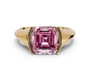 Tension Engagement Ring Setting for Fancy Pink Asscher Cut Center with Wide Tapered Band and Tension Head in Yellow Gold