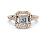Halo Engagement Ring Setting for Asscher Cut Center with Inner Milgrain Border and Prong Head in Rose Gold