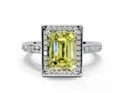 Halo Engagement Ring Setting for Fancy Yellow Emerald Cut Center with Metal-Rimmed Halo, Pave Band and Prong Head in Platinum