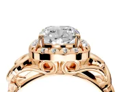 Halo Engagement Ring Setting for Cushion Cut Center with Open Scroll Shoulders and Prong Head in Rose Gold