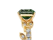 Leaf Motif Engagement Ring Setting for Fancy Green Asscher Cut Center with Pave Band and Prong Head in Yellow Gold