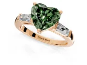 3 Stone Engagement Ring Setting for Fancy Green Heart-Shaped Center with Tapered Baguettes, Plain Band and Prong Head in Rose Gold