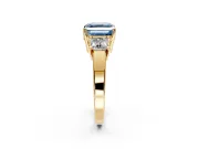3 Stone Engagement Ring Setting for Fancy Blue Asscher Cut Center with Matching Side Accents and Prong Head in Yellow Gold