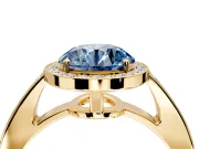 Bezel-Framed Halo Engagement Ring Setting for Fancy Blue Round Cut Center with Pave Band and Prong Head in Yellow Gold
