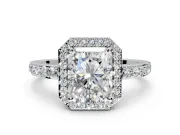 Halo Engagement Ring Setting for Radiant Cut Center with Heart-Shaped Openwork, Pave Band and Prong Head in Sterling Silver