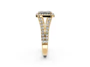 Halo Engagement Ring Setting for Emerald Cut Center with Narrow Pave Split Shank and Prong Head in Yellow Gold