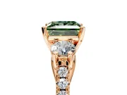3 Stone Engagement Ring Setting for Fancy Green Princess Cut Center with Crossover Basket, Pave Band and Prong Head in Rose Gold