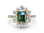Floral Halo Engagement Ring Setting for Fancy Green Emerald Cut Center with Pave Accents and Prong Head in Rose Gold