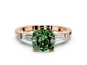 Bar-Set Engagement Ring Setting for Fancy Green Cushion Cut Center with Tapered Baguette Accents and Prong Head in Rose Gold