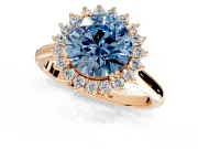 Starburst Halo Engagement Ring Setting for Fancy Blue Round Cut Center with Thin Round-Wire Band and Prong Head in Rose Gold