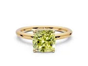 Hidden Halo Engagement Ring Setting for Fancy Yellow Cushion Cut Center with Thin Rounded Band and Prong Head in Yellow Gold