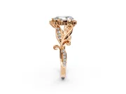 Halo Engagement Ring Setting for Pear-Shaped Center with Leaf Motif Split Shank and Prong Head in Rose Gold