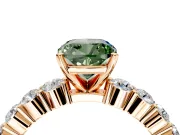 Shared-Prong Engagement Ring Setting for Fancy Green Cushion Cut Center with Graduated Accents and Prong Head in Rose Gold