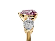 3 Stone Engagement Ring Setting for Fancy Pink Heart-Shaped Center with Large Pear-Shaped Accents and Prong Head in Yellow Gold