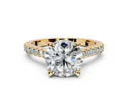 Solitaire Engagement Ring Setting for Round Cut Center with Widening Pave Band and Claw Prong Head in Yellow Gold