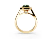 Halo Engagement Ring Setting for Fancy Green Radiant Cut Center with Outer Bezel Rim, Pave Band and Prong Head in Yellow Gold