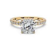 Solitaire Engagement Ring Setting for Cushion Cut Center with Fine Pave Band and Prong Head in Yellow Gold
