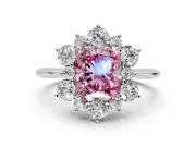 Small-Accent Cluster Halo Engagement Ring Setting for Fancy Pink Radiant Cut Center with Plain Band and Prong Head in Platinum