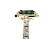 Halo Engagement Ring Setting for Fancy Green Emerald Cut Center with Full Pave Band and Prong Head in Yellow Gold