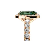 Halo Engagement Ring Setting for Fancy Green Emerald Cut Center with Full Pave Band and Prong Head in Rose Gold