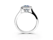 Halo Engagement Ring Setting for Fancy Blue Emerald Cut Center with Milgrain Pave Band and Bezel Head in Platinum