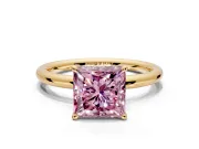 Hidden Halo Engagement Ring Setting for Fancy Pink Princess Cut Center with Thin Rounded Band and Prong Head in Yellow Gold