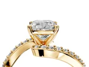 Solitaire Engagement Ring Setting for Cushion Cut Center with Pave Bypass Swirl Band and Prong Head in Yellow Gold
