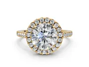 Halo Engagement Ring Setting for Round Cut Center with Raised Halo, Pave Band and Prong Head in Yellow Gold
