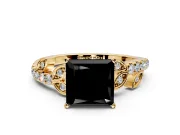 Leaf Motif Engagement Ring Setting for Fancy Black Princess Cut Center with Pave Band and Prong Head in Yellow Gold