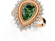 Halo Engagement Ring Setting for Fancy Green Pear-Shaped Center with Milgrain Bezel Rim, Plain Band and Prong Head in Rose Gold
