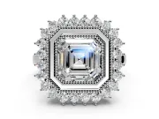 Halo Engagement Ring Setting for Asscher Cut Center with Milgrain Bezel Rim, Plain Band and Prong Head in Sterling Silver