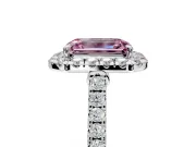Halo Engagement Ring Setting for Fancy Pink Emerald Cut Center with Narrowing Pave Band and Prong Head in White Gold