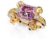Solitaire Engagement Ring Setting for Fancy Pink Princess Cut Center with Twisted Band and Scroll Prong Head in Yellow Gold