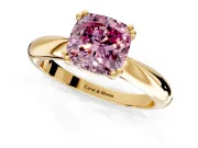 Solitaire Engagement Ring Setting for Fancy Pink Cushion Cut Center with Reverse Tapered Band and Prong Head in Yellow Gold