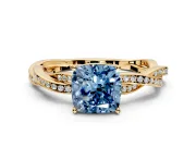 Solitaire Engagement Ring Setting for Fancy Blue Cushion Cut Center with Twisted Pave Band and Prong Head in Yellow Gold
