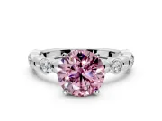Solitaire Engagement Ring Setting for Fancy Pink Round Cut Center with Beaded Bezel Station Band and Prong Head in Platinum