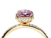 Hidden Halo Engagement Ring Setting for Fancy Pink Radiant Cut Center with Pave Band and Prong Head in Yellow Gold