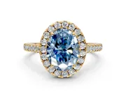 Halo Engagement Ring Setting for Fancy Blue Oval Center with Narrowing Pave Band and Prong Head in Yellow Gold