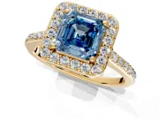 Halo Engagement Ring Setting for Fancy Blue Asscher Cut Center with Pave Accents, Heart Basket and Prong Head in Yellow Gold