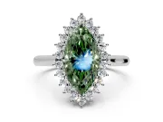 Starburst Halo Engagement Ring Setting for Fancy Green Marquise Center with Thin Round-Wire Band and Prong Head in White Gold