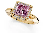 Halo Engagement Ring Setting for Fancy Pink Princess Cut Center with Tapered Plain Band and Prong Head in Yellow Gold