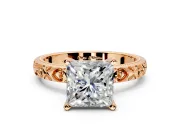 Solitaire Engagement Ring Setting for Princess Cut Center with XO Engraved Band and Prong Head in Rose Gold