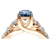Solitaire Engagement Ring Setting for Fancy Blue Emerald Cut Center with Graduated Shared Prongs and Prong Head in Rose Gold