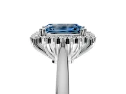 Starburst Halo Engagement Ring Setting for Fancy Blue Emerald Cut Center with Thin Round-Wire Band and Prong Head in Sterling Silver